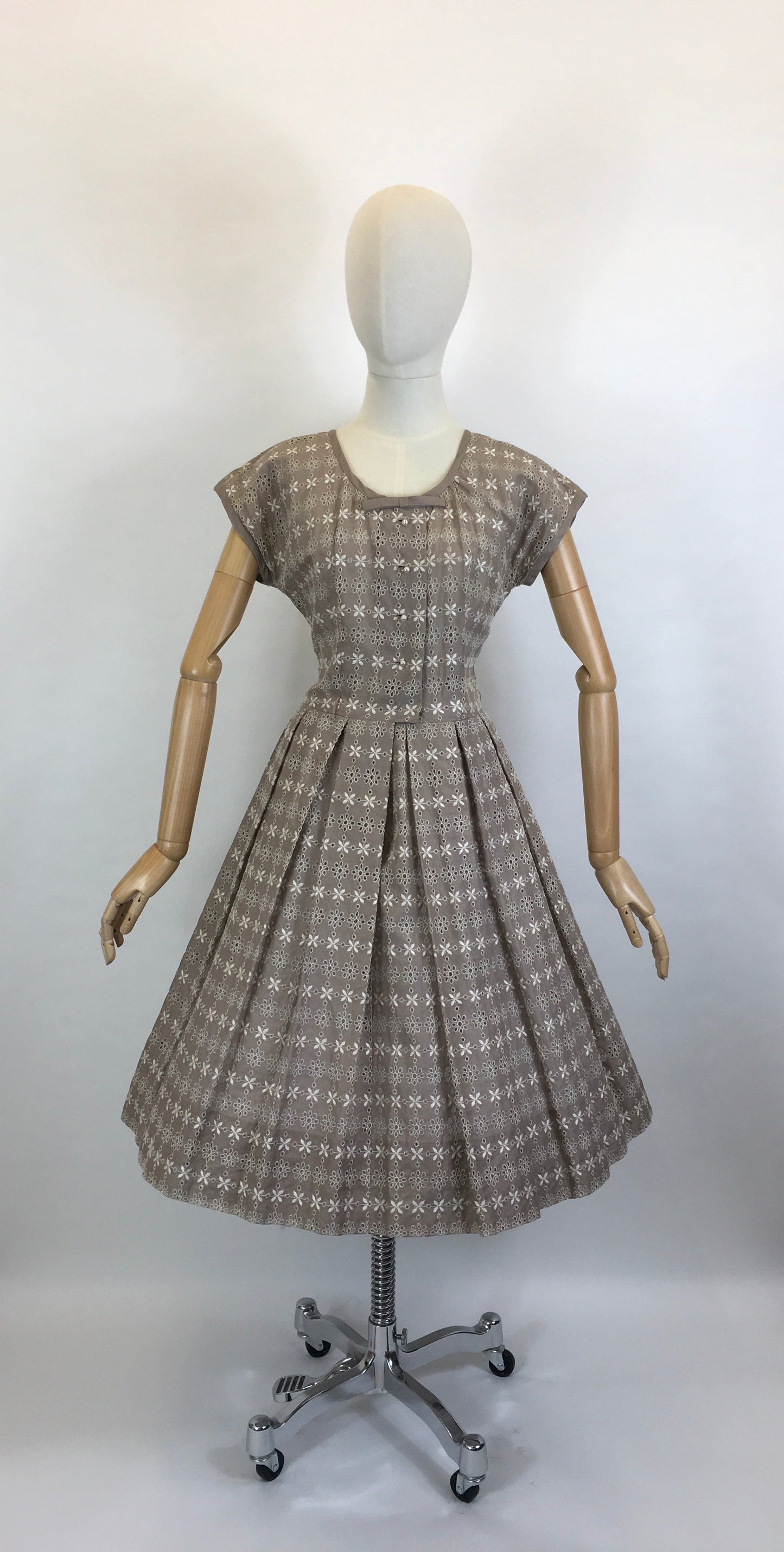 Original 1950’s Darling Broderie Anglaise Cotton Day Dress - In a Soft Fawn with White Accents