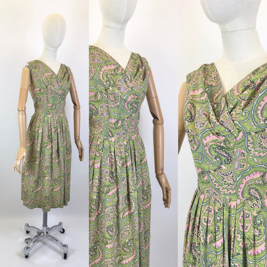 Original 1950’s Darling Cotton Day Dress- In A Beautiful Paisley in Pink & Green