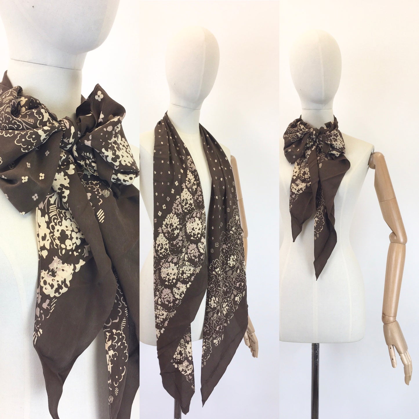 Original 1930’s Stunning Deco Pointed Scarf - In Floral Autumnal Brown & Beige Hues