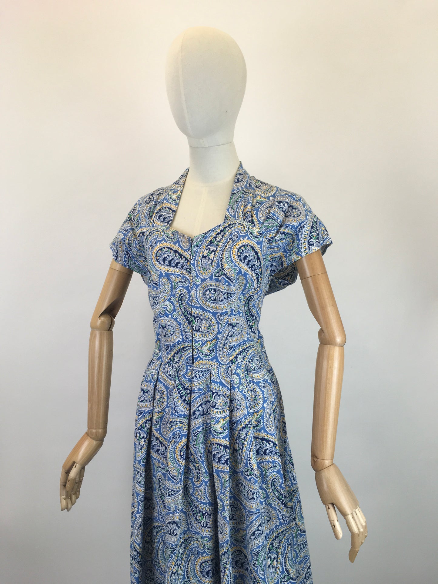 Original Late 1940’s Early 1950’s Cotton Day Dress - In A Paisley Print in Powder Blue, Navy, Yellow and Bottle Green