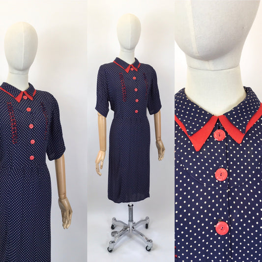 Original 1940's Sensational Volup Rayon Dress - In Navy, White & Red with Contrast Fretwork Embelishment