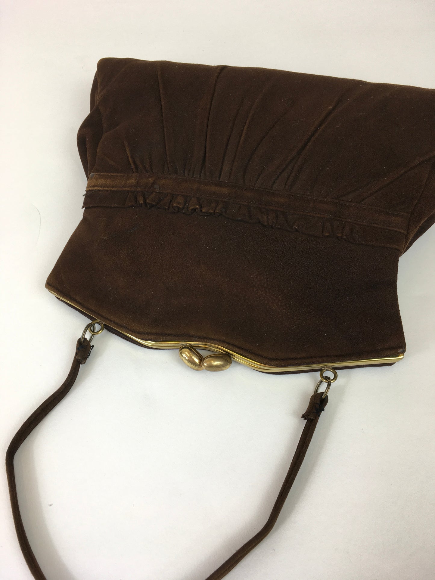 Original 1930s Darling Suede Handbag In Brown - Pleated Detailing To The Front
