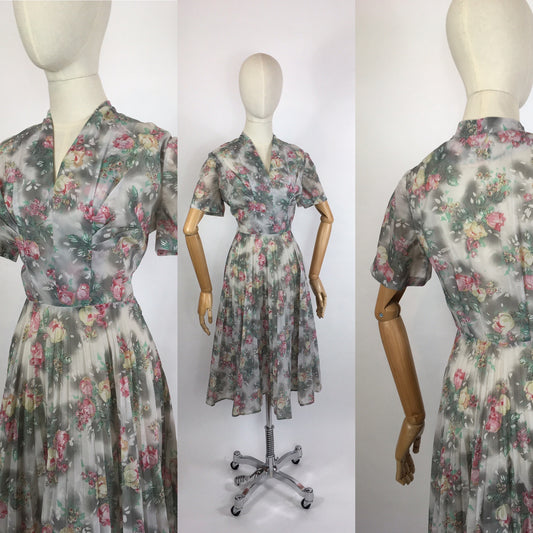 Original 1950s ‘ Eastex ‘ Floral Dress - In a Lovely Muted Colour Pallet of Soft Pinks, Muted Creams, Taupe and Greys