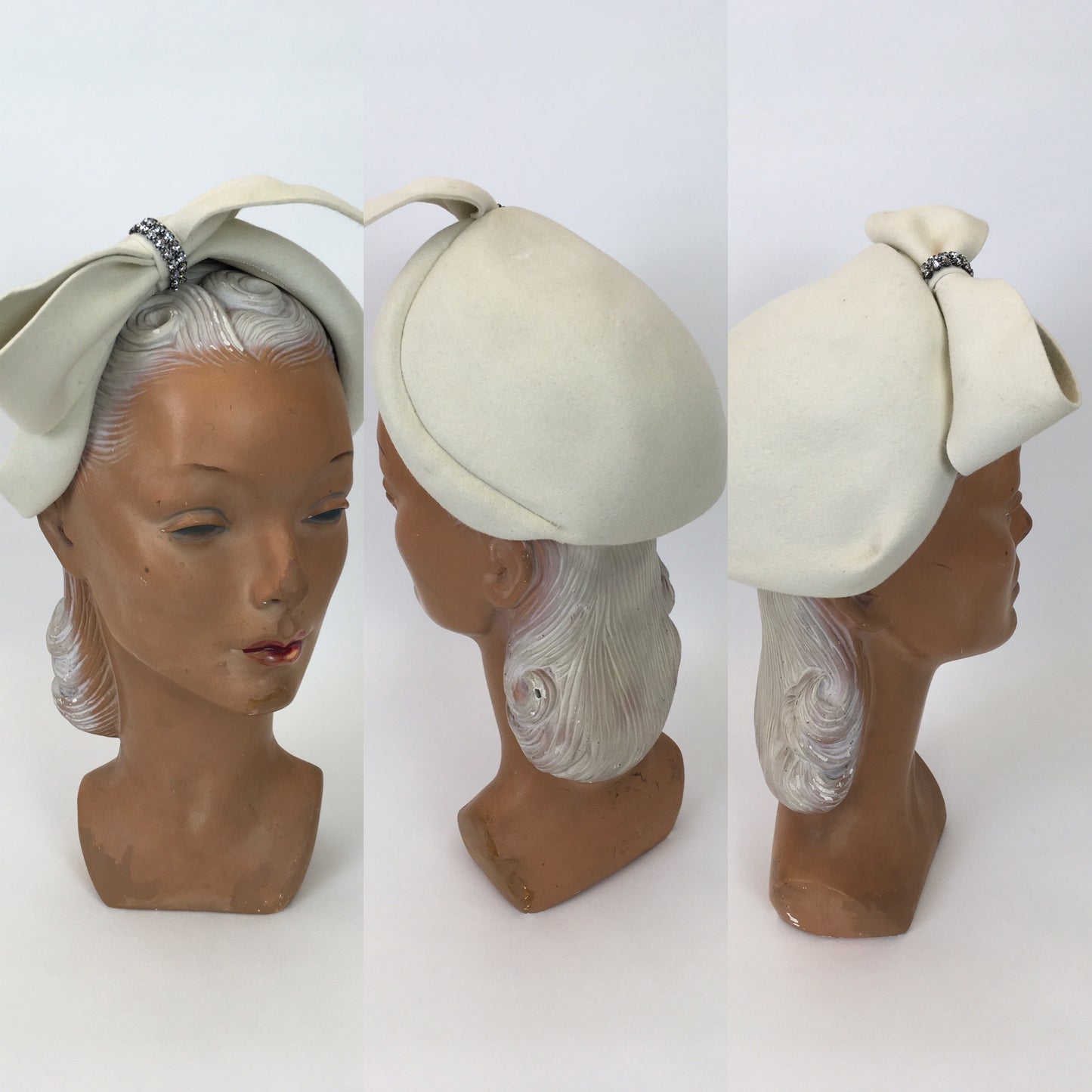 Original 1959’s Ivory Felt Hat - With Diamanté Paste Embellishment to The Big Bow Front