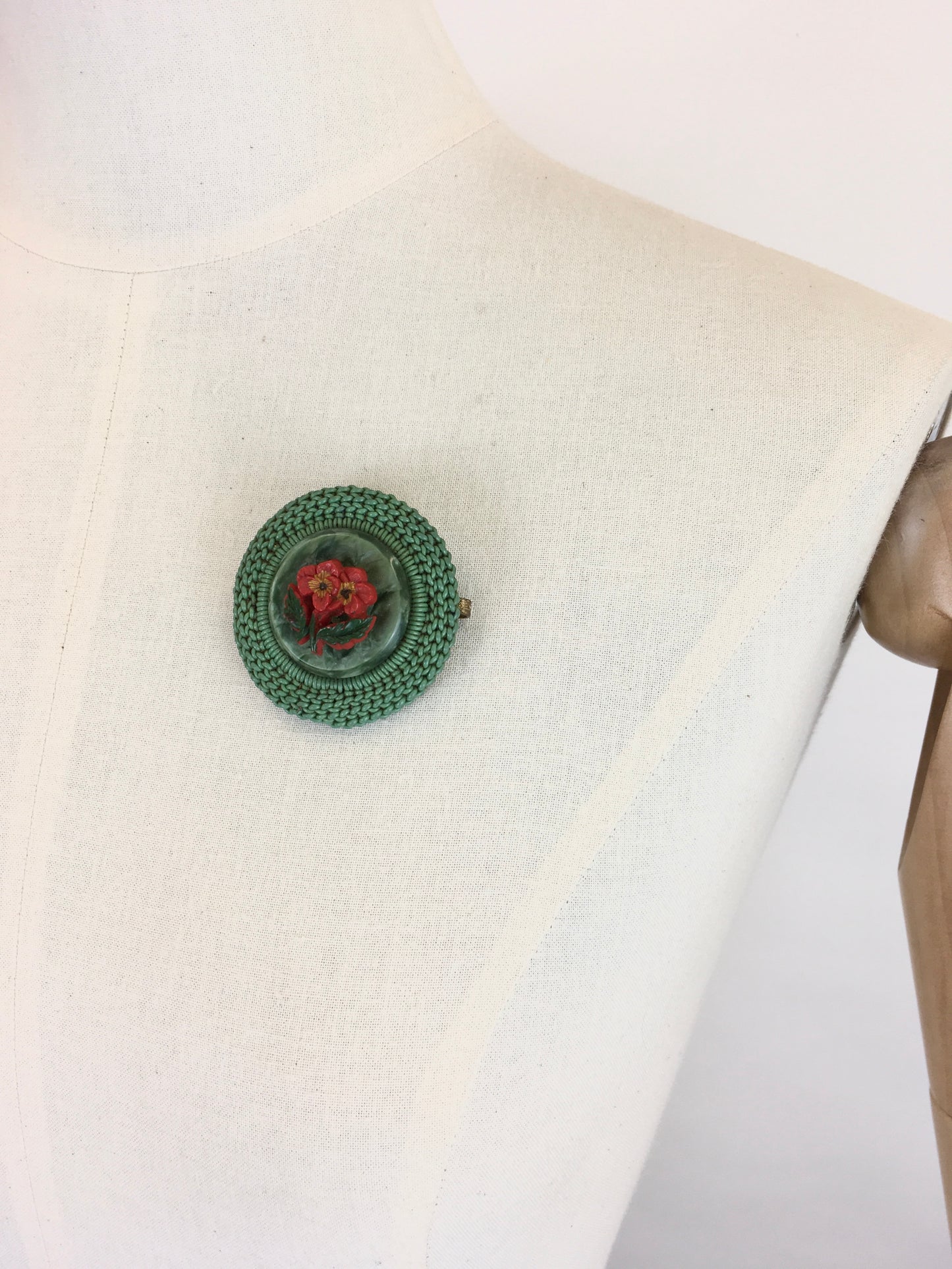 Original 1940’s Make Do and Mend Telephone Wire Brooch - In A Festive Red and Green Colour Pallet