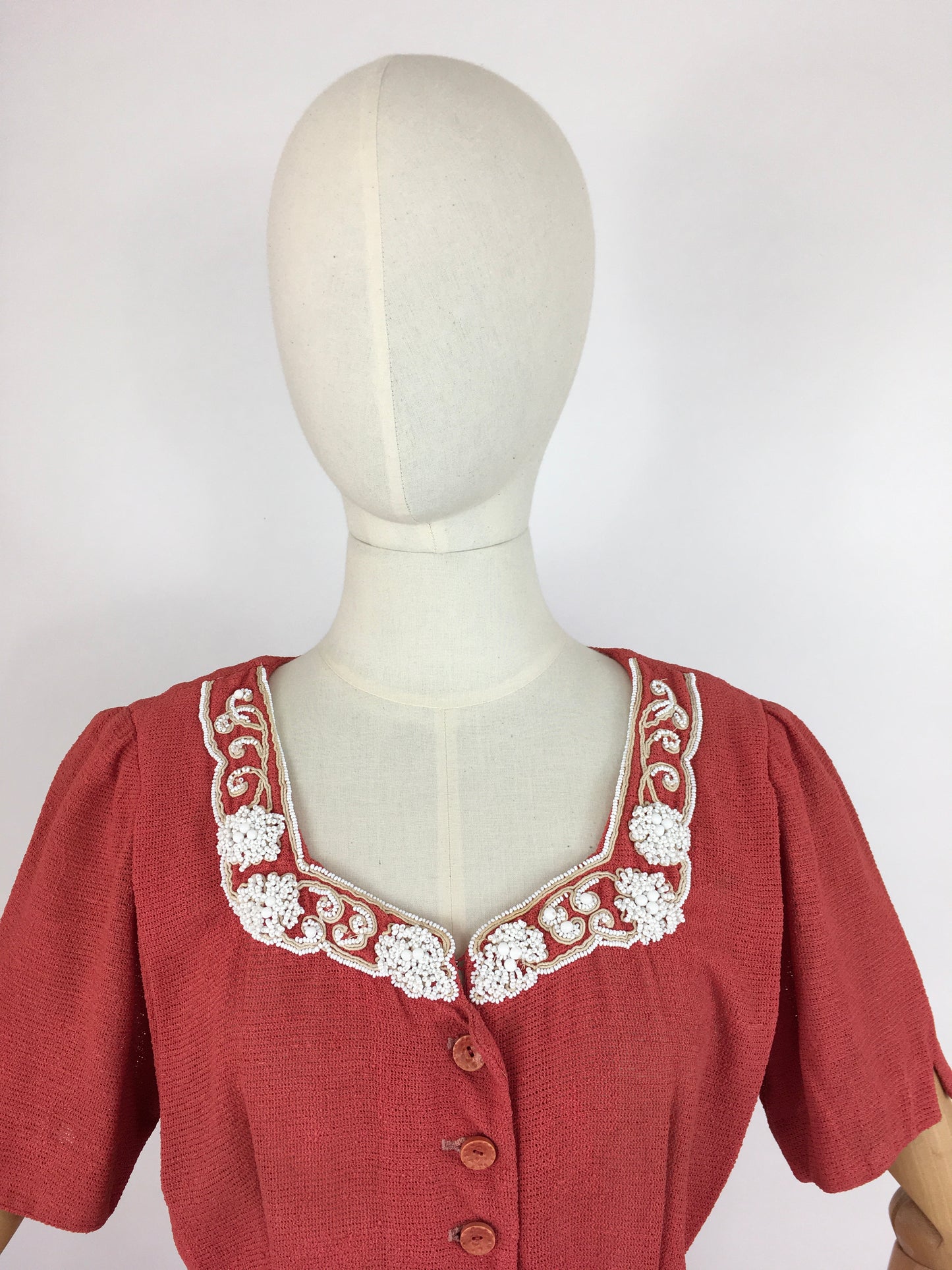 Original 1940’s Dress By ‘ Travelcraft by Sportscraft’ - In a Beautiful Deep Coral with White Floral Beadwork