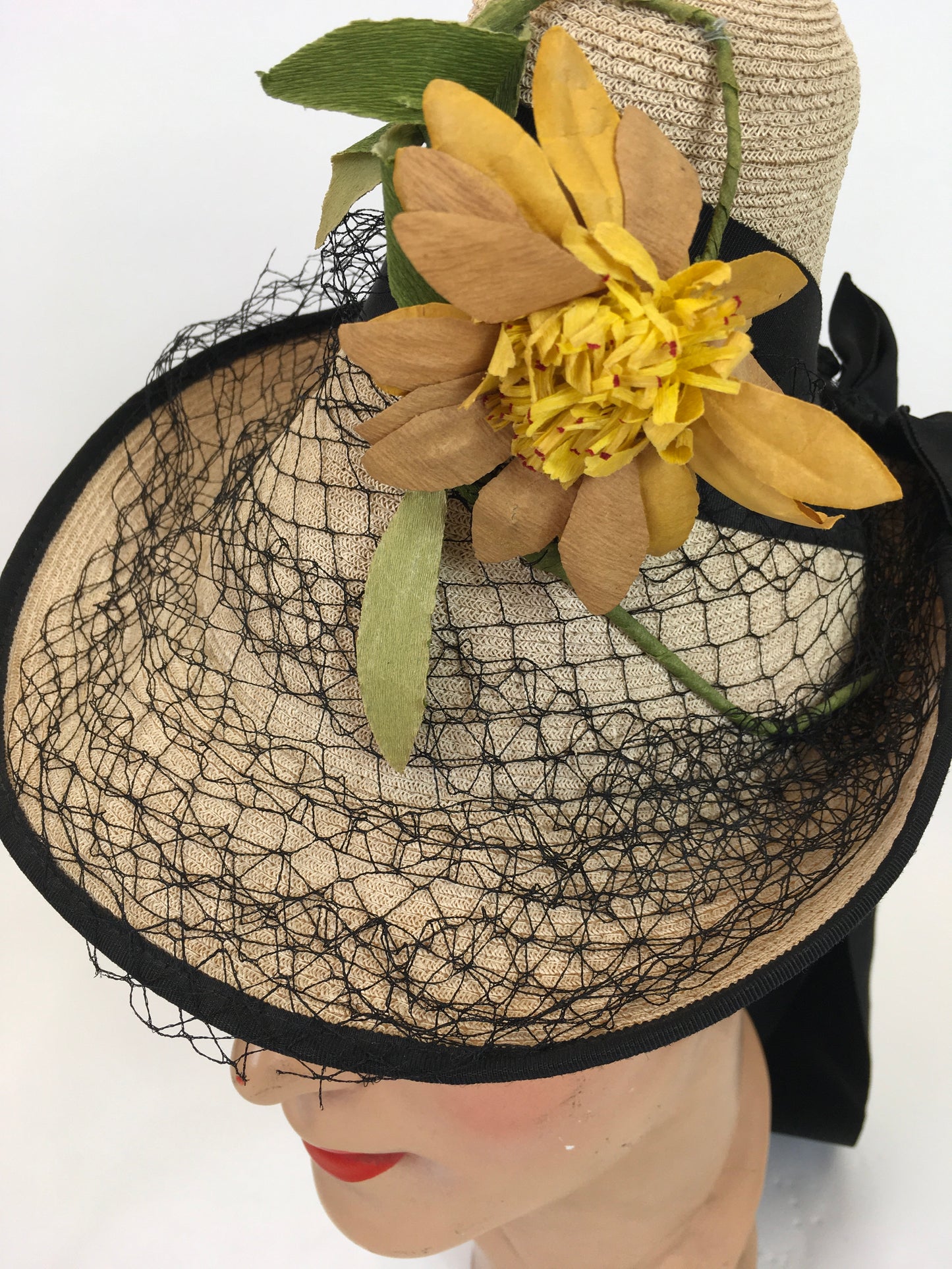 Original 1940's Sensational Natural Funnel Topper - With Floral Millinery, Veiling and Tails