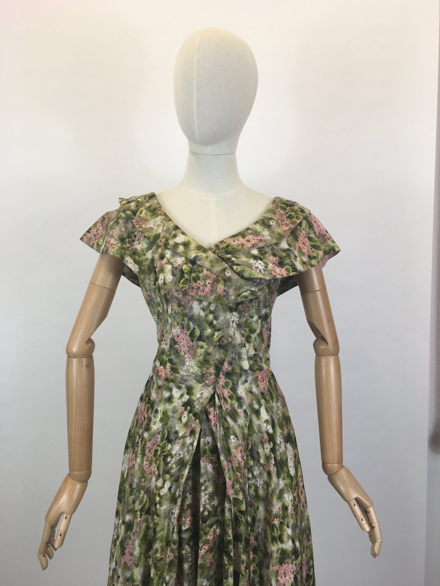 Original 1950’s Stunning Silk Party Frock - In A Beautiful Pink & Green Floral