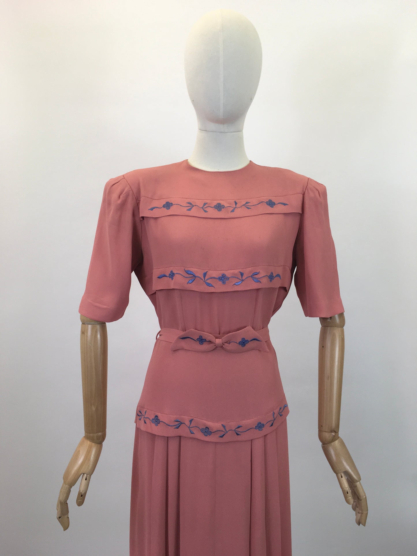 Original 1940's Stunning Blush Crepe Dress with Embroidered Details in Forget Me Not Blue - ' A Frederick Gown Label'