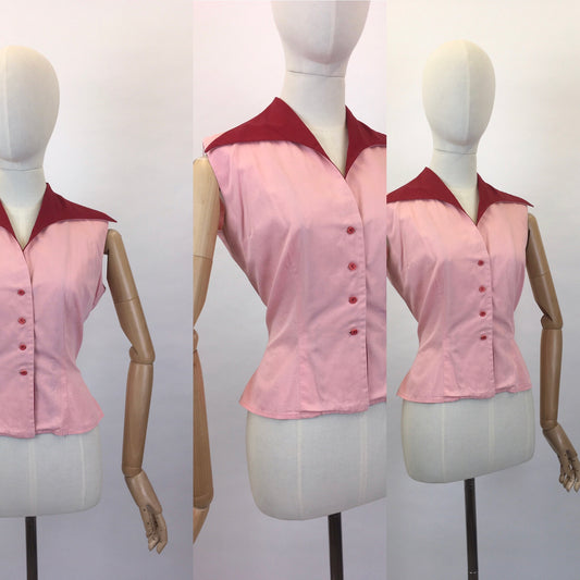 Original 1950s ‘ Johnathon Logan’ Cotton Day Blouse - In a Lovely Two Tone Deep Burgundy and Pink