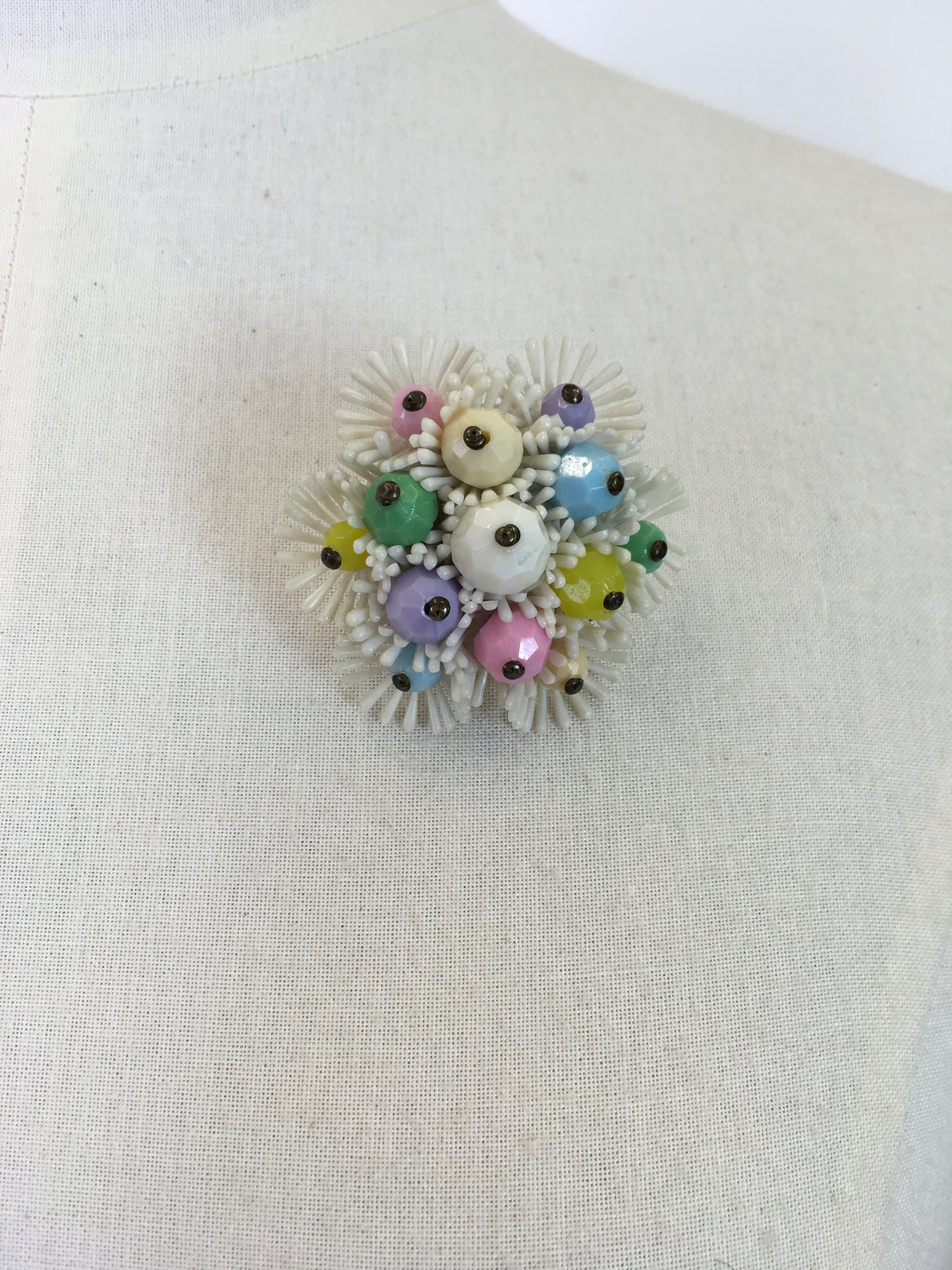 Original 1950’s Plastic and Beaded Brooch - In Pastel Pops of Pink, Green, Purple, Blue and White