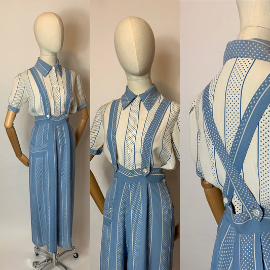 Original 1940’s 2 pc Blouse & Dungaree Set - In the Most Summery Of Colour Pallets with Polka Dots