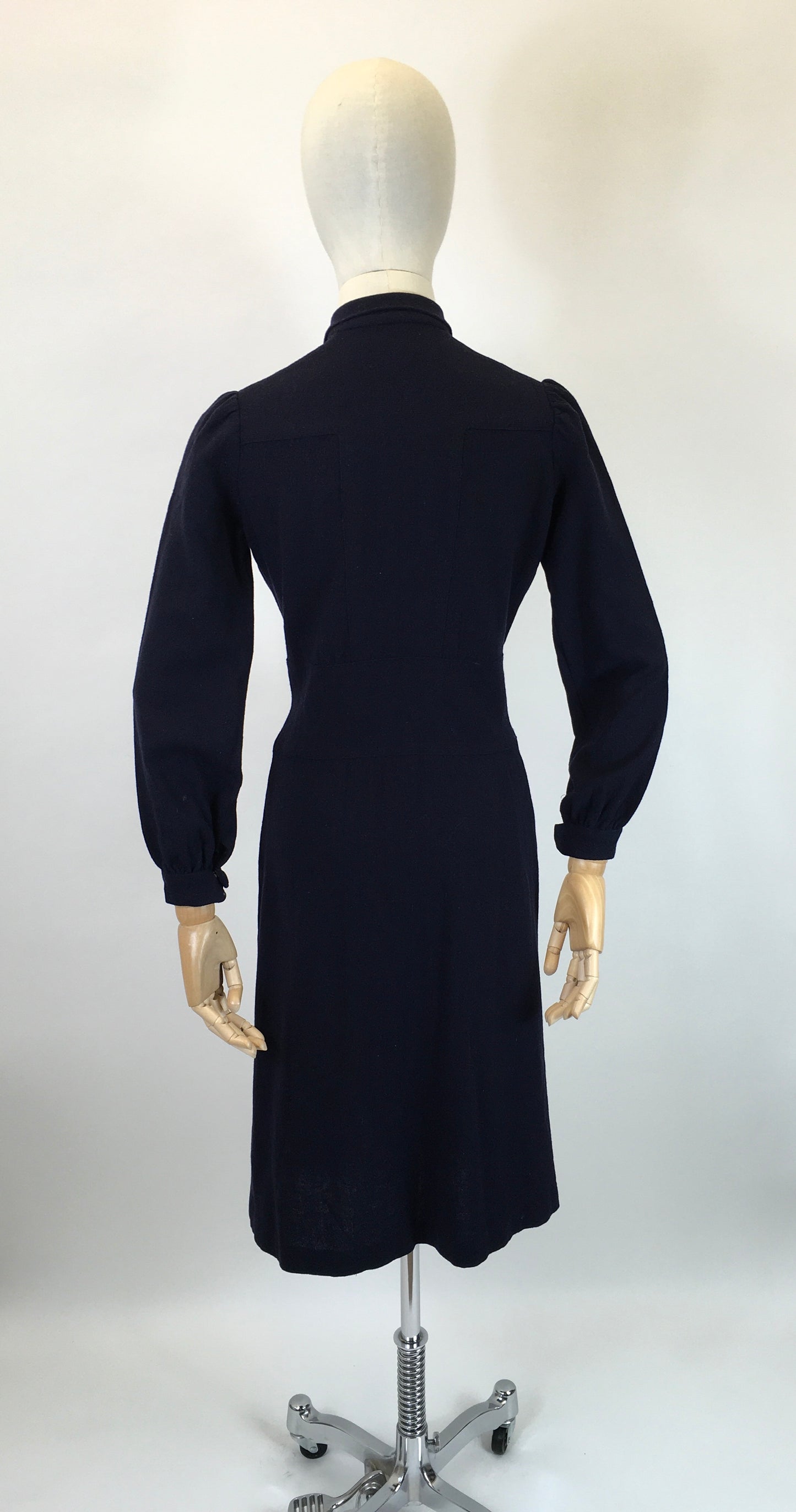 Original 1940’s Fabulous Navy Wool Dress - With Peter Pan Collar, Lattice Work and Pleated Detailing