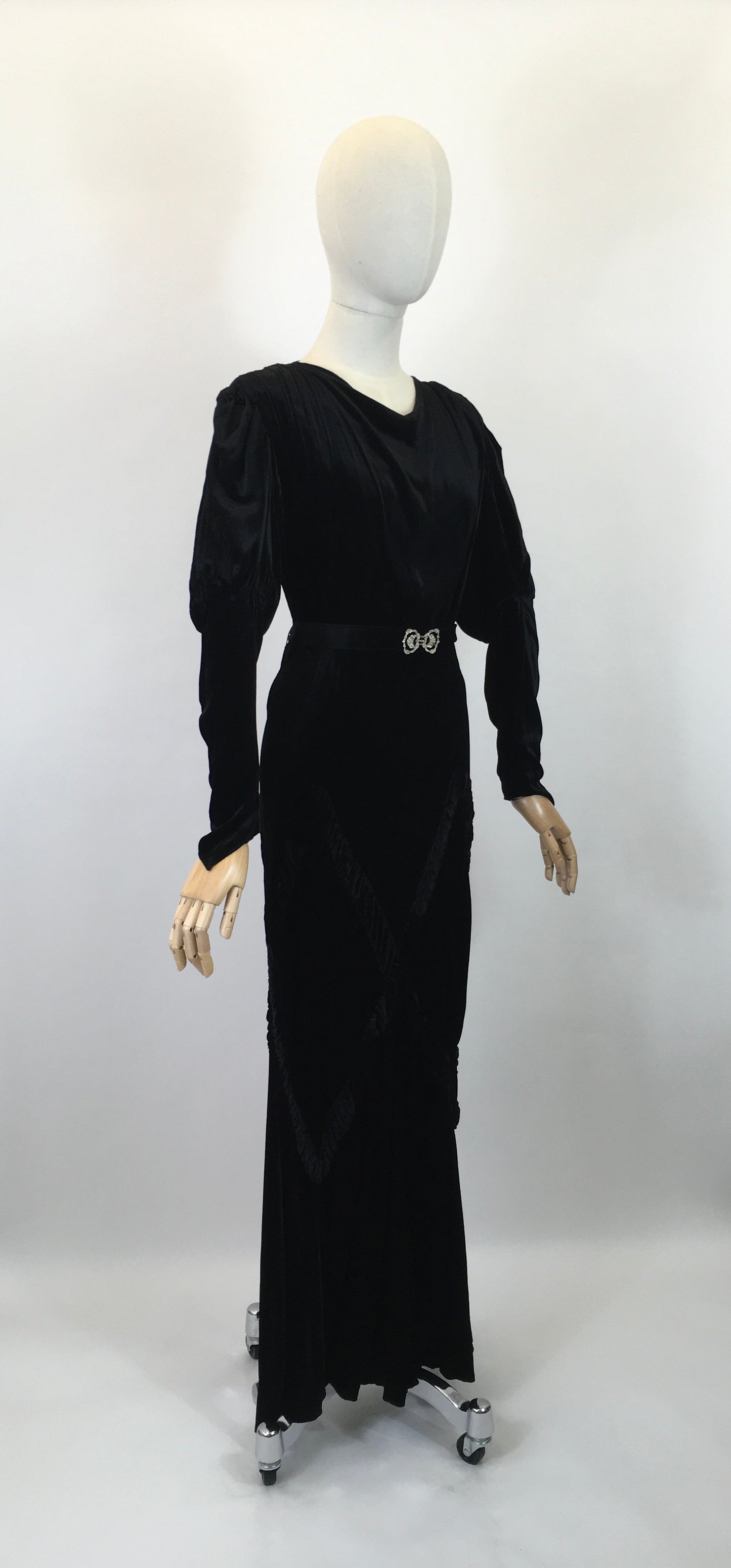 Original 1930's Divine Silk Velvet Evening Gown - With Exquisite Pleated Details and Art Deco Buckle