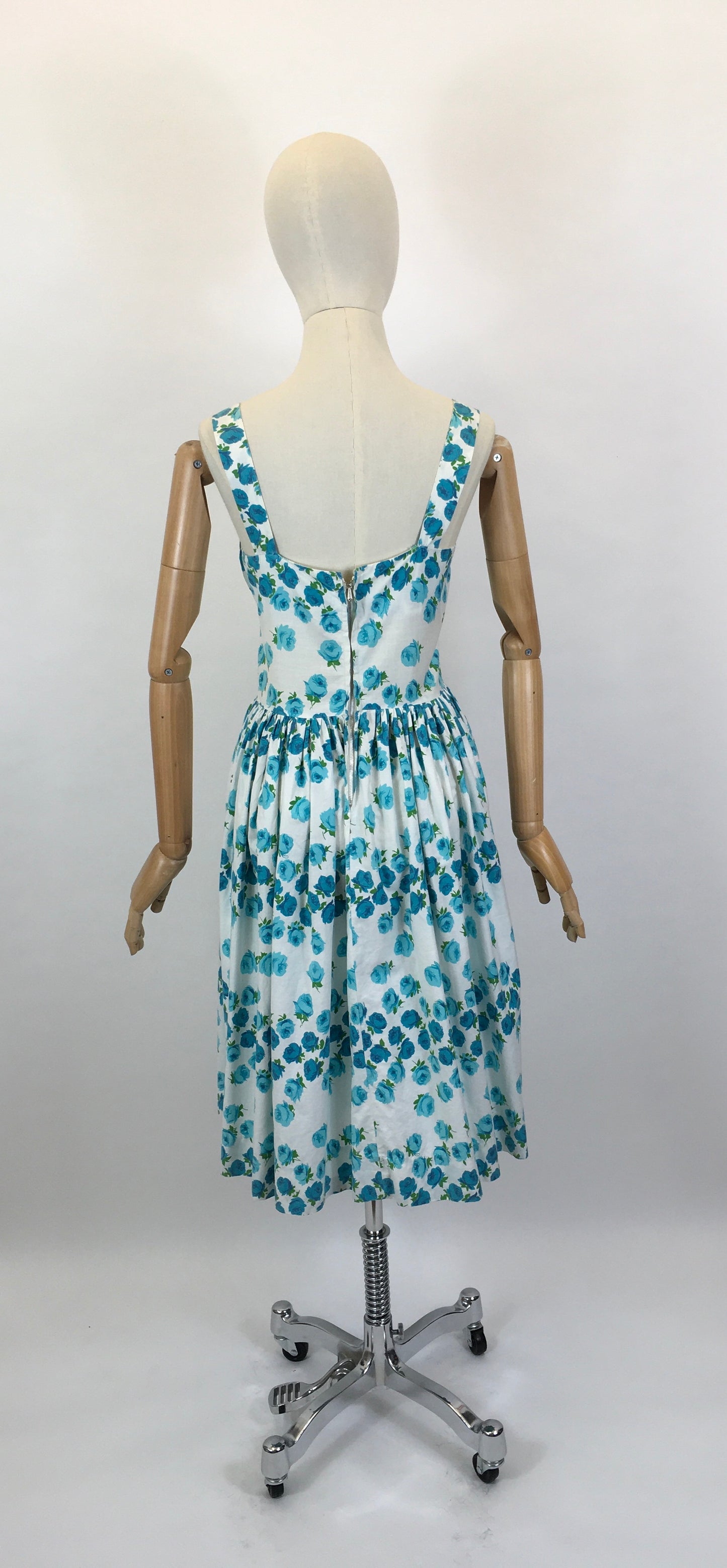 Original 1950’s Gorgeous Sun Dress - In A Beautiful Blue Rose Print Cotton