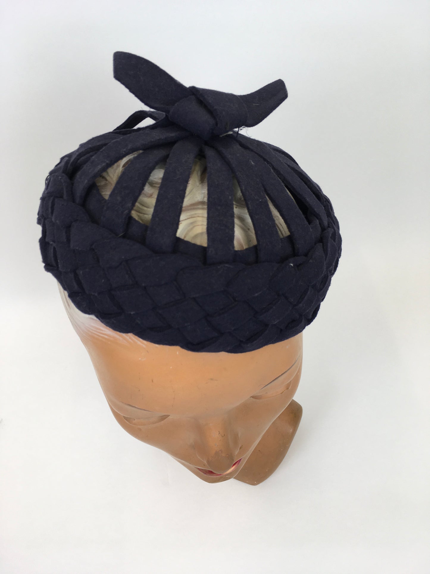 Original 1940s Navy Felt Topper Hat - Featuring Lattice and Weave Felt Work with Bow