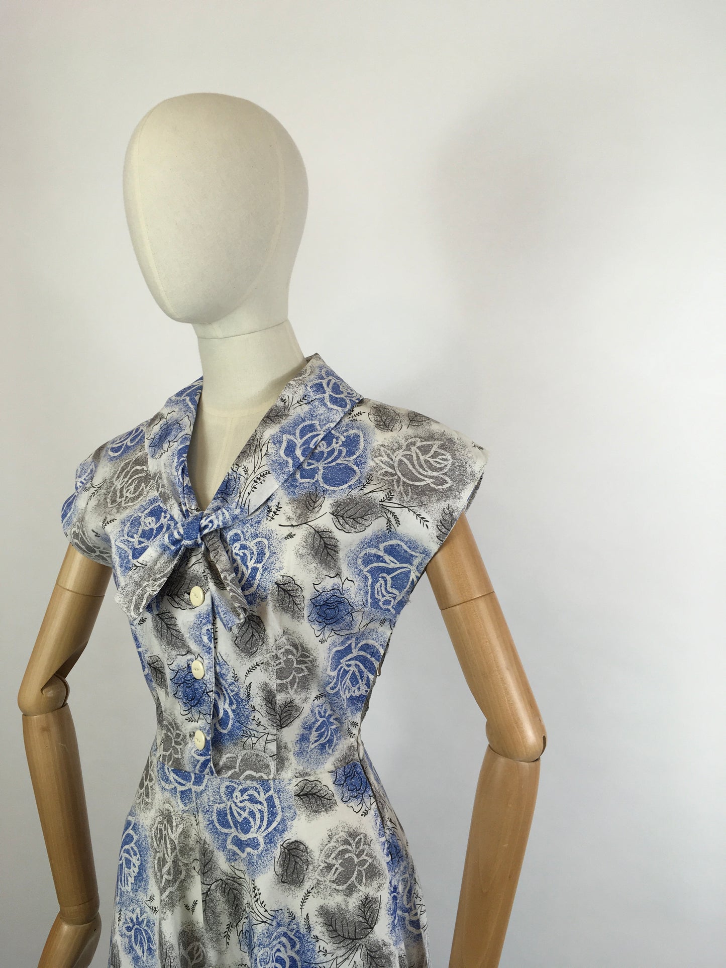 Original late 1940s Floral Dress - In A Crisp Cotton in Soft Greys, Charcoals and Blues