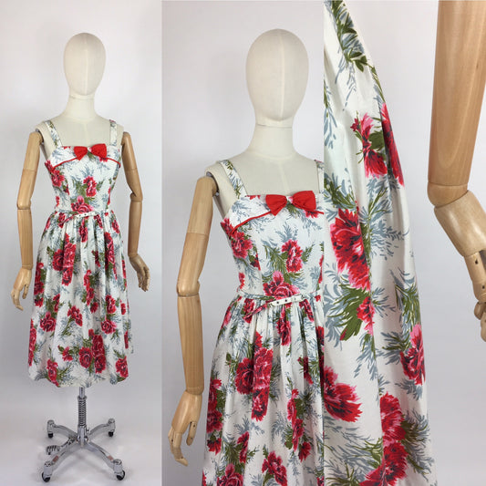 Original 1950s Floral Sun Dress with Contrast Bow and Piping - Beautiful Carnation Print Cotton in Bright Reds, Corals and Greens