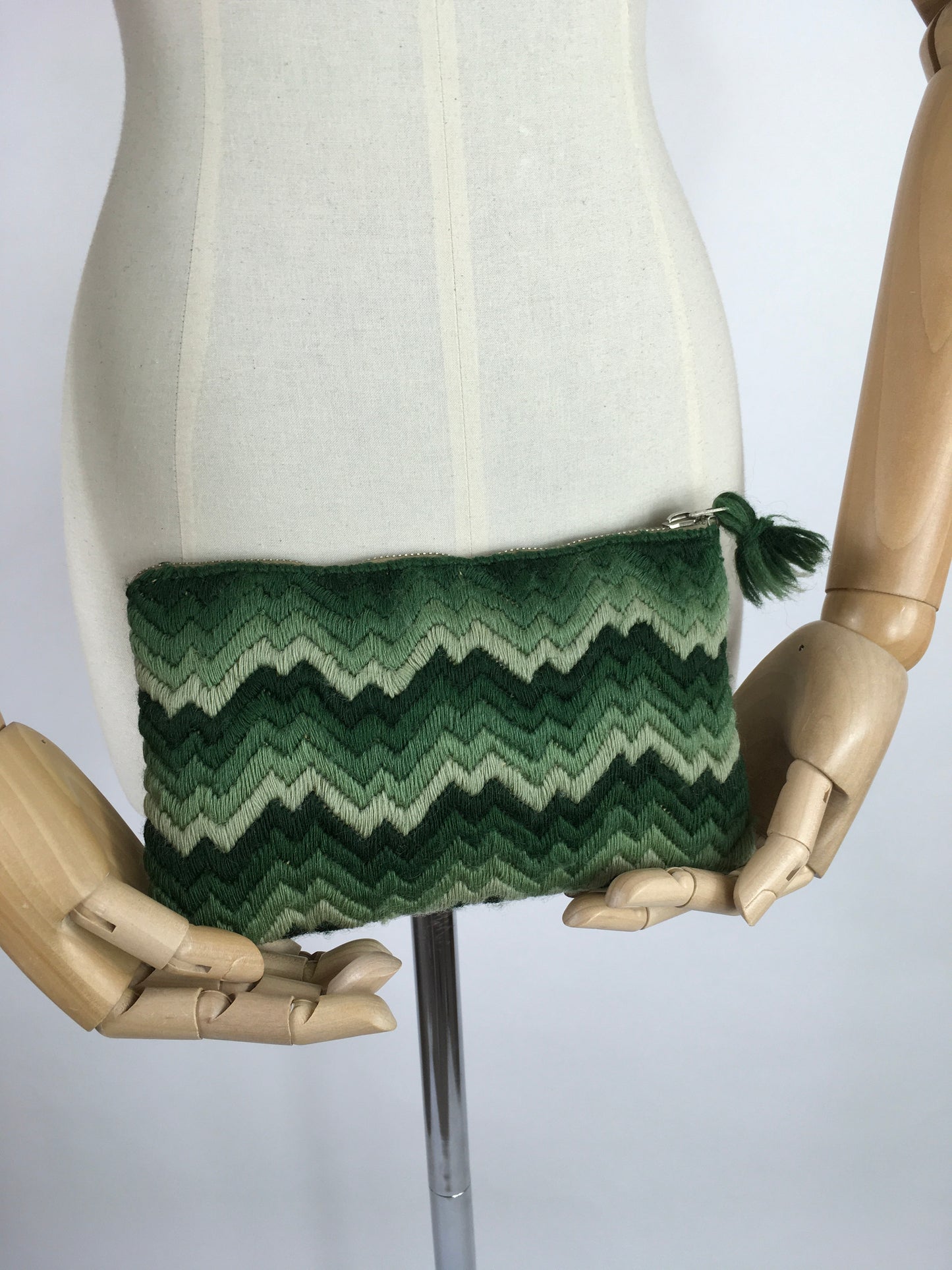 Original 1930s Clutch Bag - In a Lovely Wool in Tones of Green with A Chevron Pattern