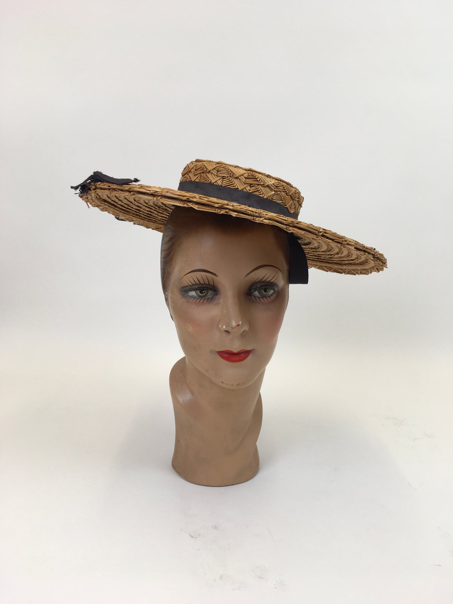 Original 1940’s Fabulous Straw Hat - With Navy Grosgrain Bows and Veiling
