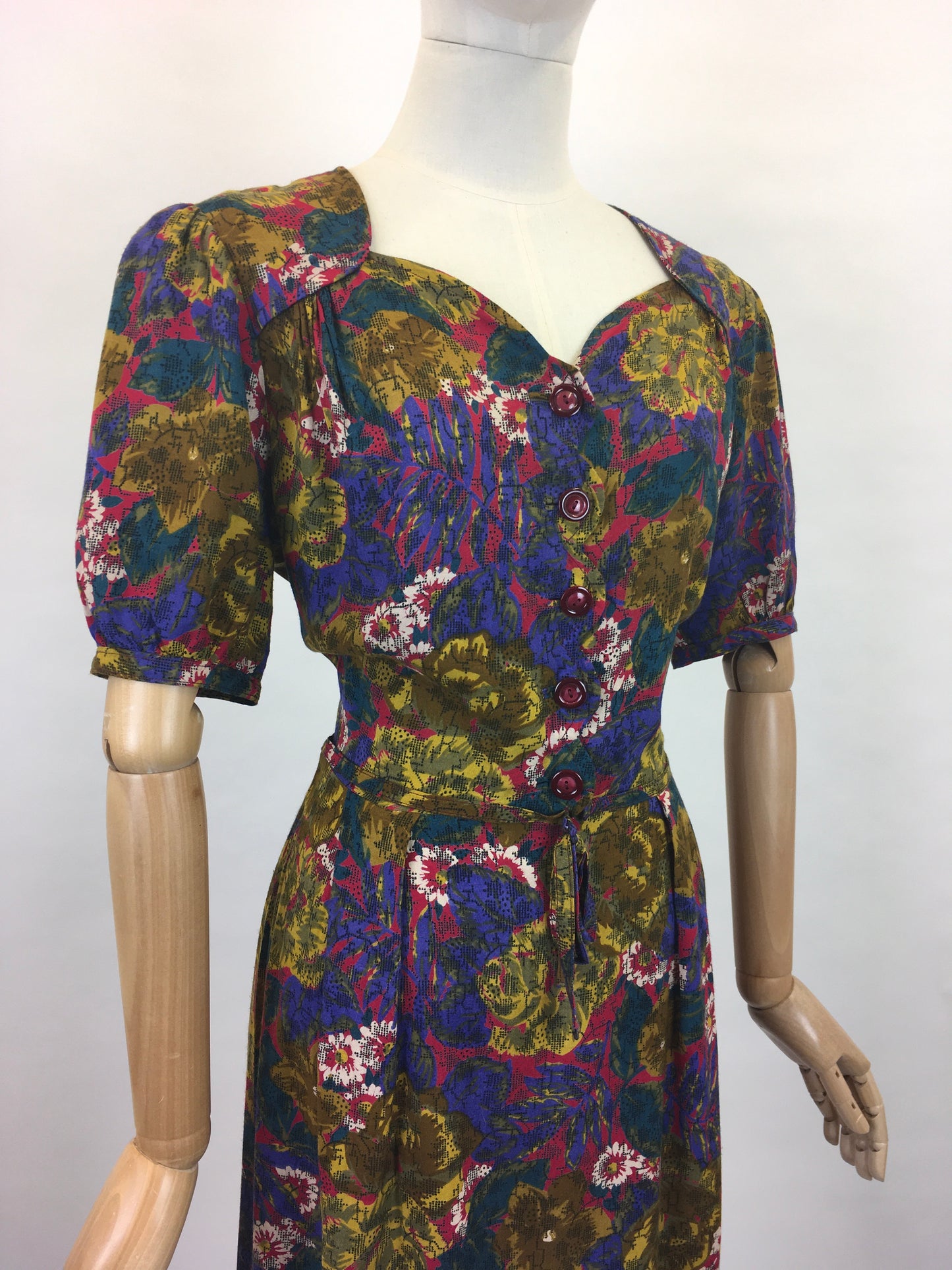 Original 1940s Beautiful Day Dress - In a Lovely Floral in Deep Reds,Mustards, Rich Purples and Stencilled Blacks