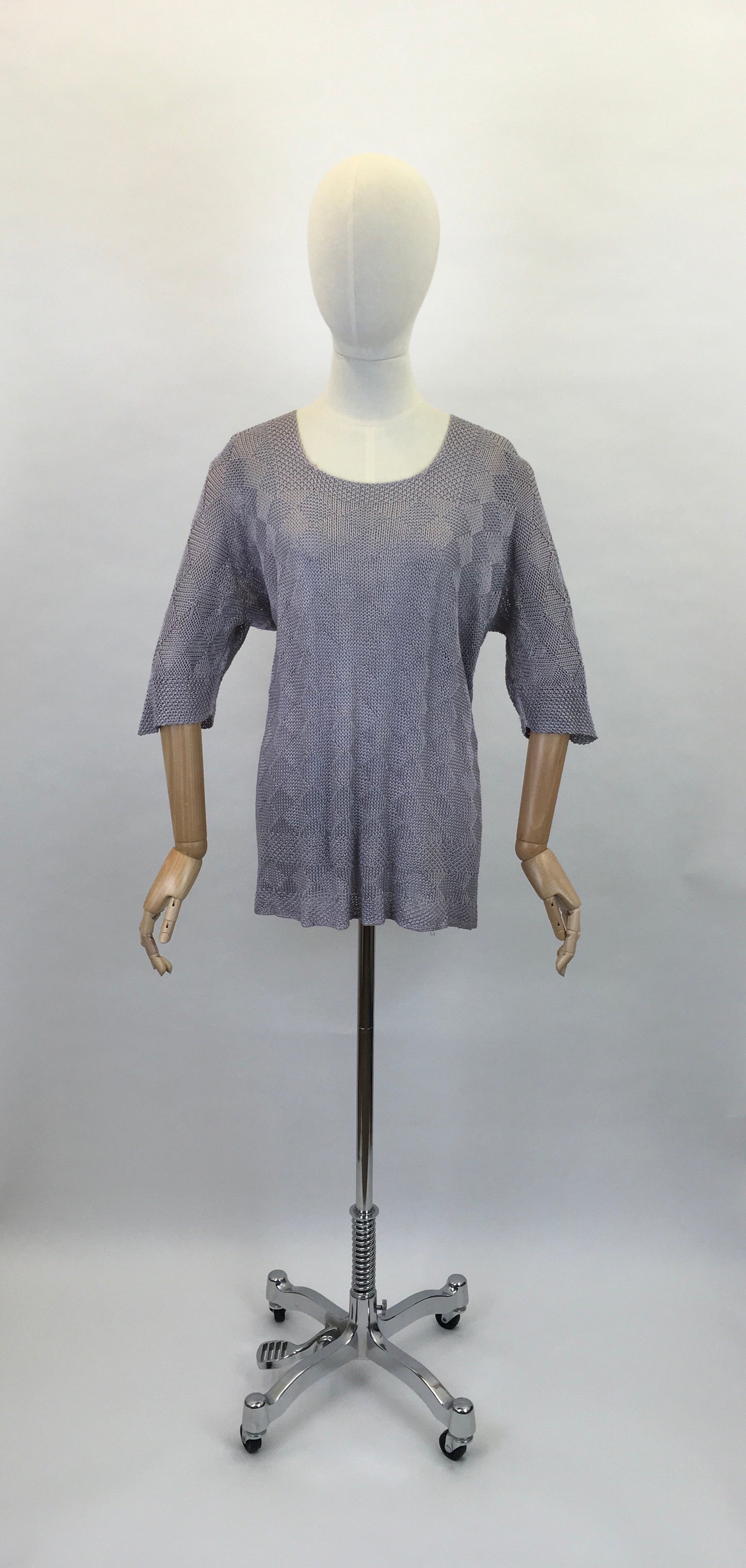 Original 1930s Knitted Tunic in Soft Lavender - Featuring Harlequin Pattern and Shapes Hemline