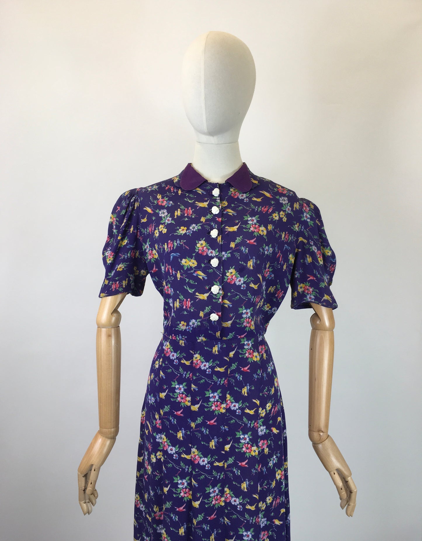 Original 1940s AS IS Novelty Print Crepe Dress - With Birds And Flowers in Rainbow colours