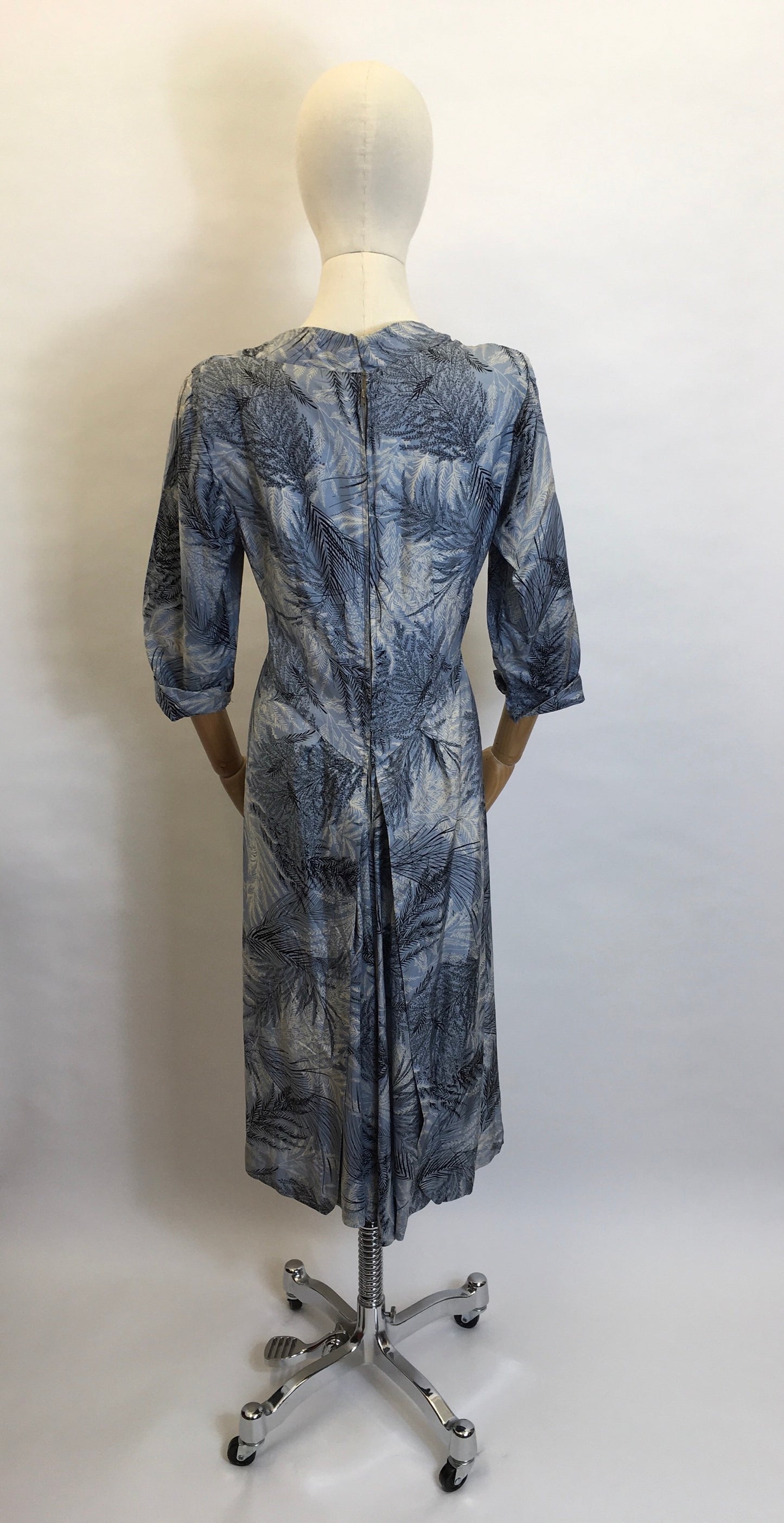 Original 1940’s Cocktail Dress - In a lovely Fern Print Silk in Power Blues and Shades of Grey