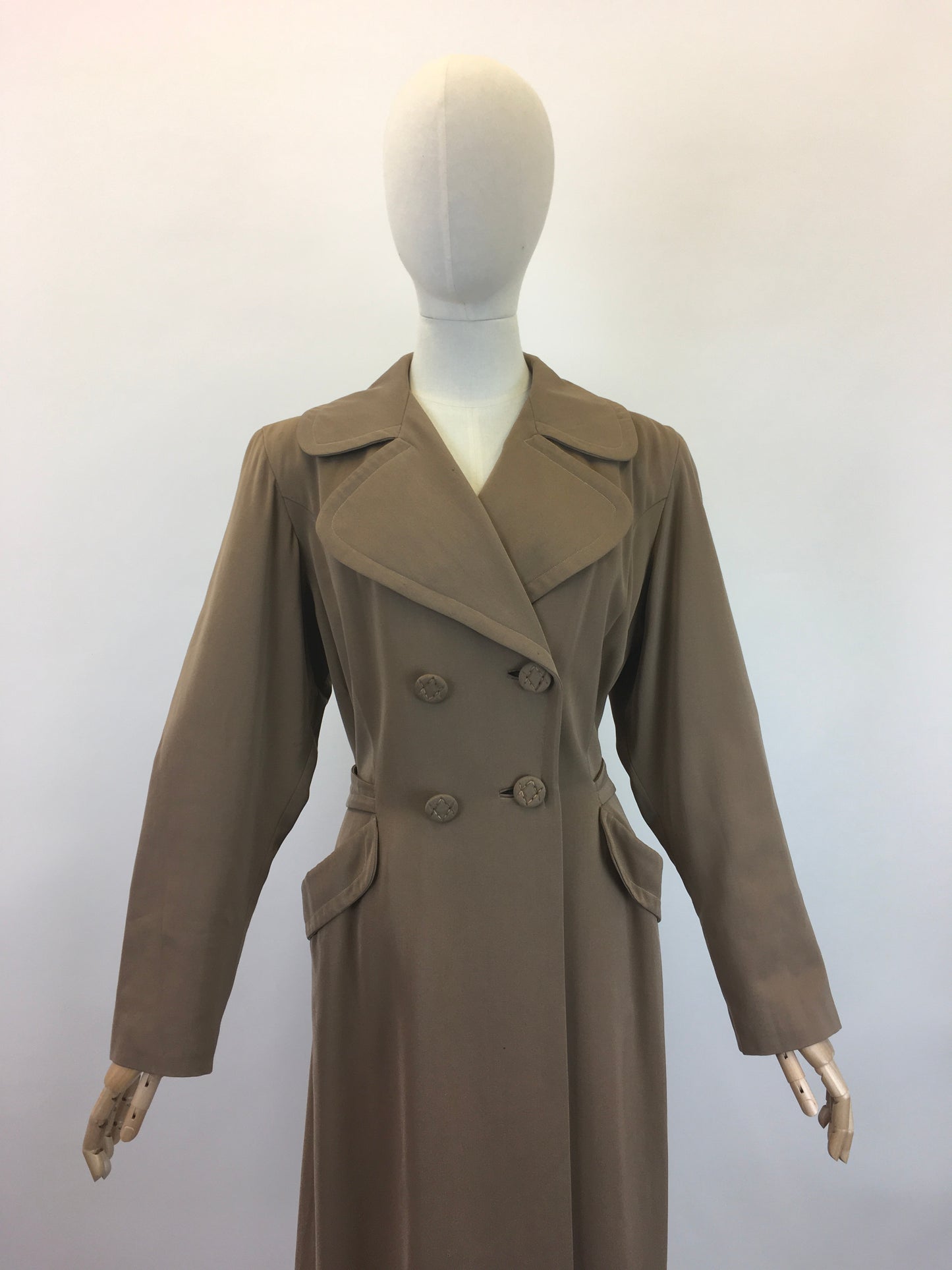 Original 1940's American Warm Taupe Gabardine Coat - With Stunning Pleated Back Detailing