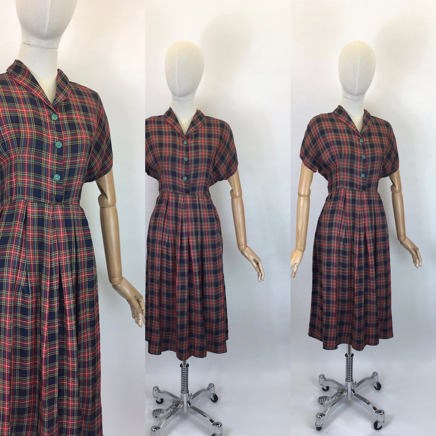 Original 1940’s Plaid Dress - In Rich Blues, Burgundy’s, Old Gold and Forest Greens