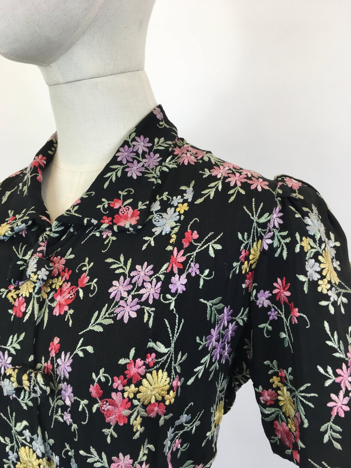 Original 1930’s Black Crepe Embroidered Blouse with Bows - In A Wild Flower Meadow Colour Pallet