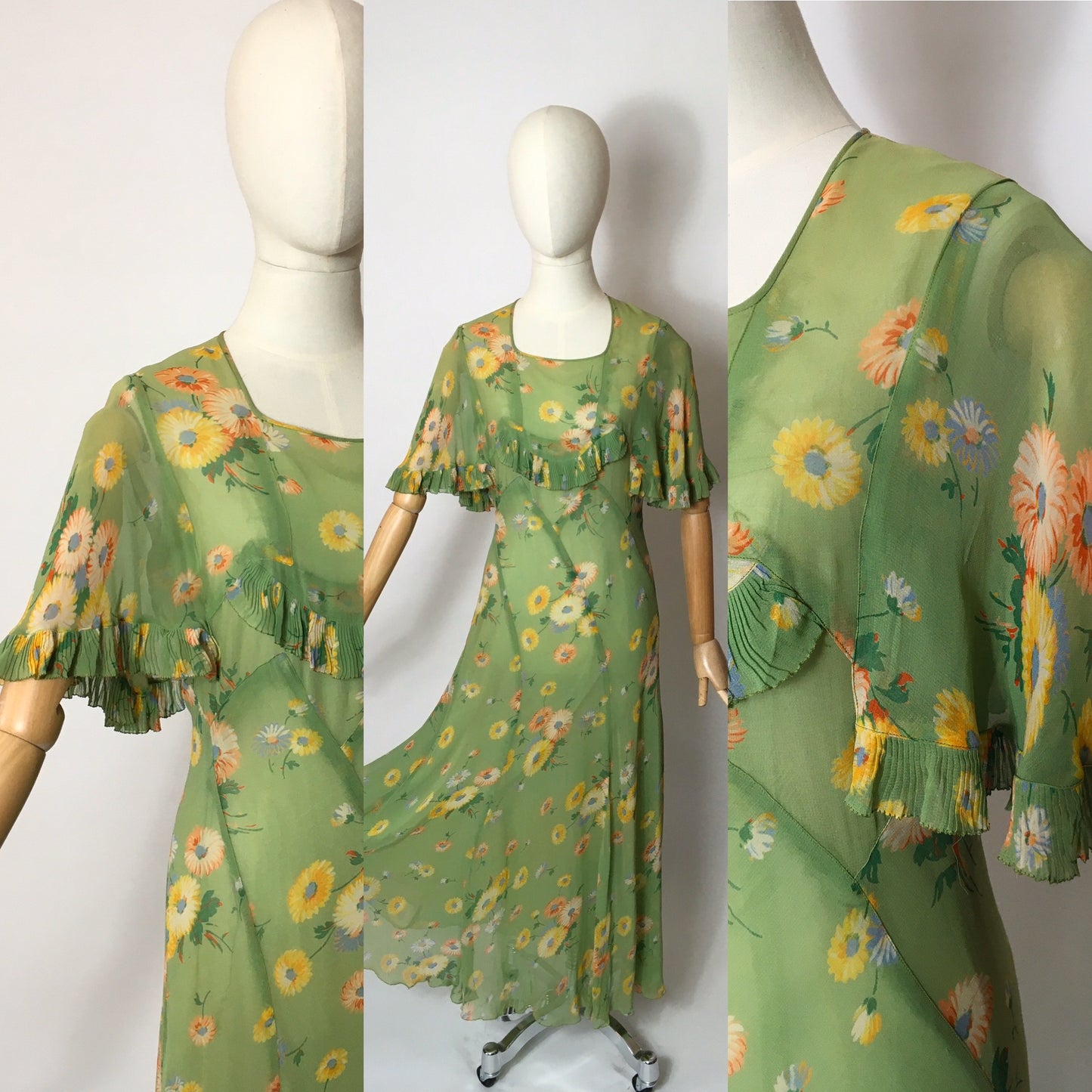 Original 1930’s Bias Cut Gown In An Exquisite Colour Pallet of Deco Green, soft blues, oranges and yellows - A Festival Of Vintage Fashion Show Exclusive