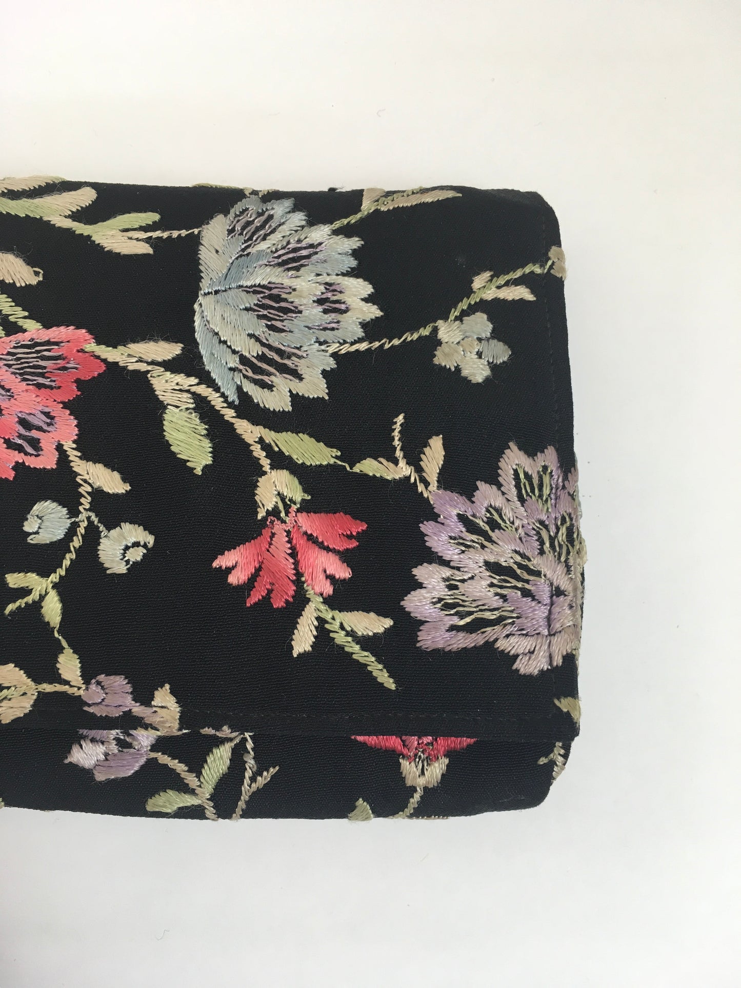 Original 1930's Exquisite Embroidered Crepe Clutch Handbag - In Black with Lilacs, Pinks, Pale Blues and Green