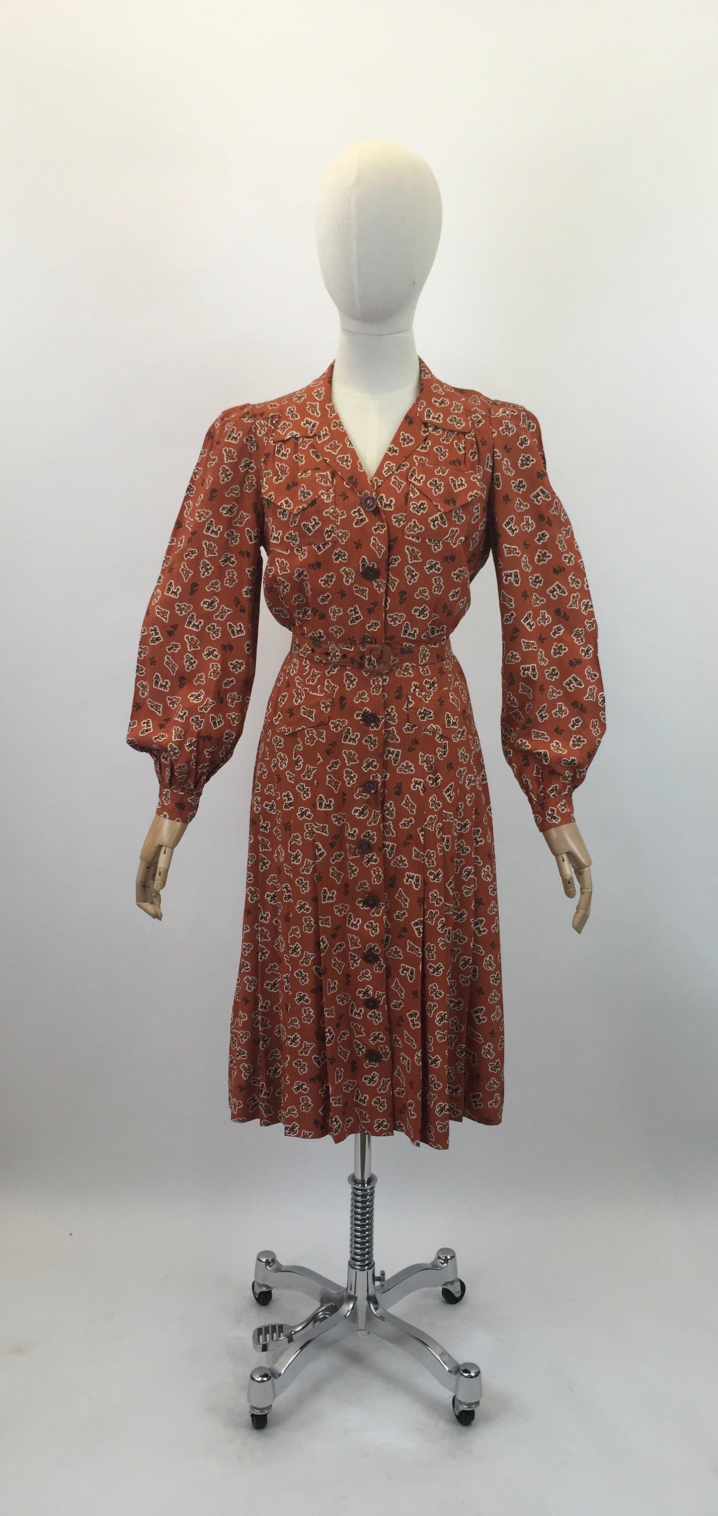 Original 1940's Gorgeous Novelty Print Dress - In A Cinnamon, Black and White Crepe De Chine