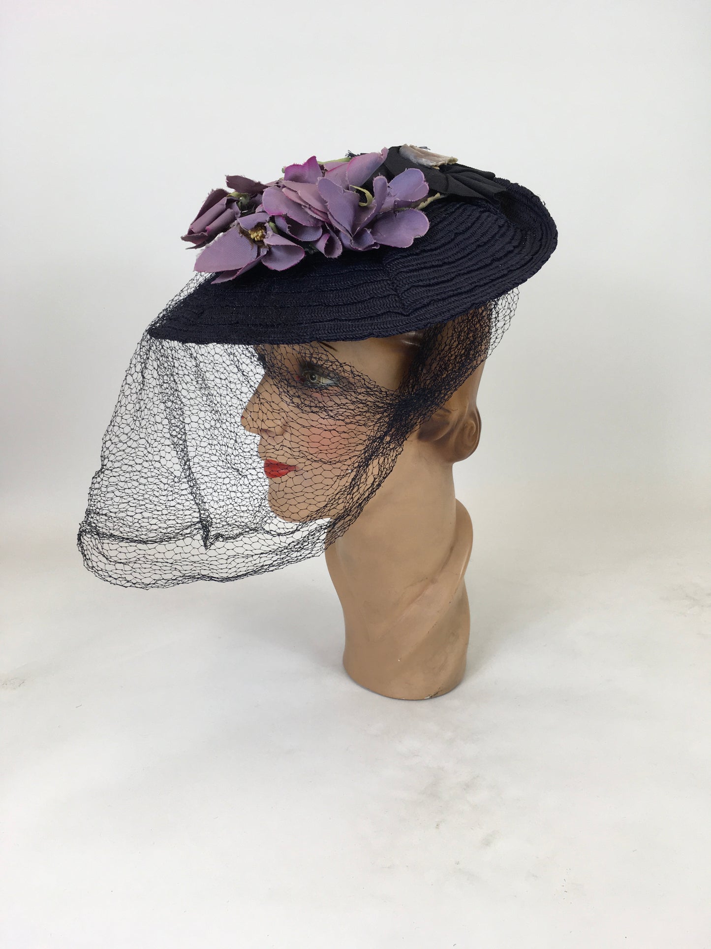 Original 1940's Sensational Navy Straw Tilt Hat - Adorned With Purple Millinery Blooms