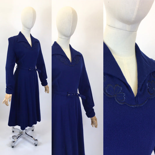 Original 1940's Sensational CC41 Utility Wool Dress - In A Royal Blue with Floral Embellishment