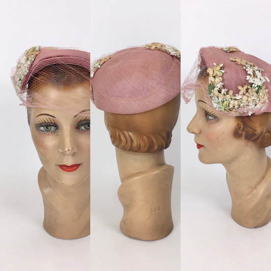 Original 1940’s Darling Powdered Rose Pink Hat - With Veiling and Beautiful Millinery Flower Embellishments