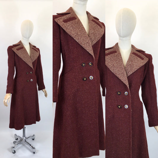 Original 1940’s STUNNING Deep Wine Woollen Coat - With An Impeccable 40’s Silhouette & Detailing