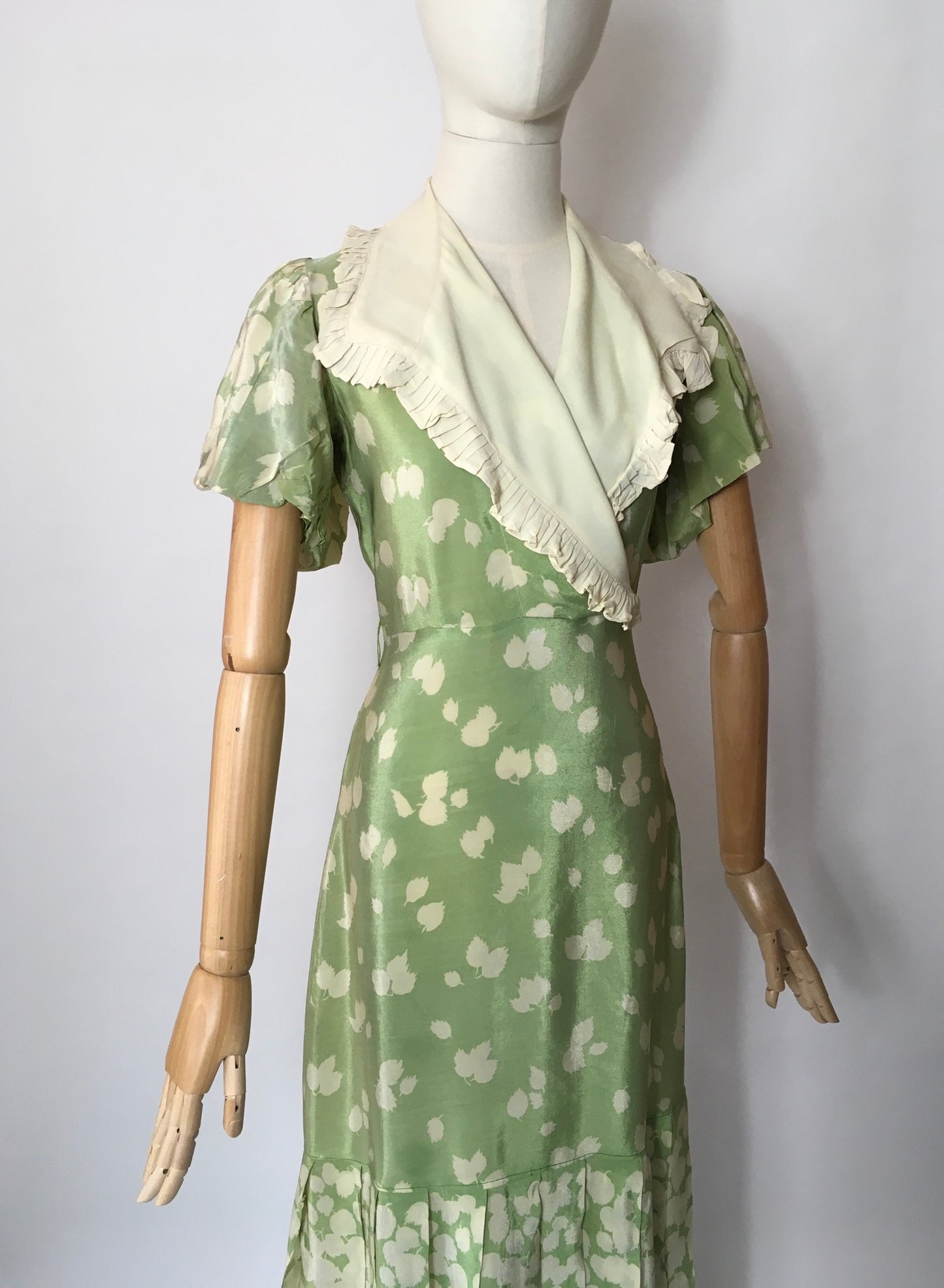 Original 1930’s Exquisite 1930’s Dress with Wrap Bodice and Contrast Collar with Frill Detailing - Festival of Vintage Fashion Show Exclusive