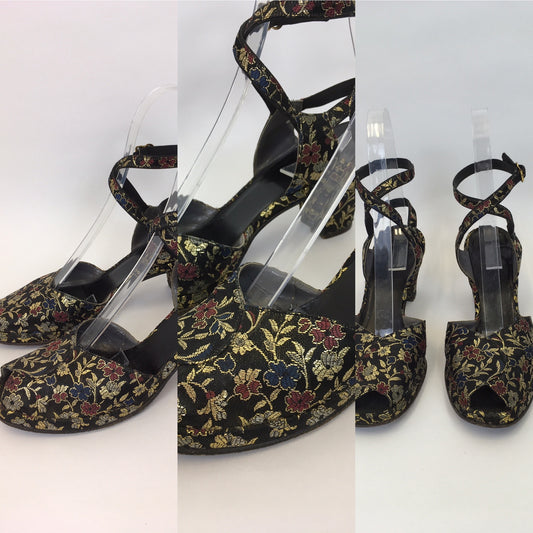 Original 1940s Heeled Sandals In A Beautiful Floral Brocade - Made by The Fabulous ‘ Colella’ American Label