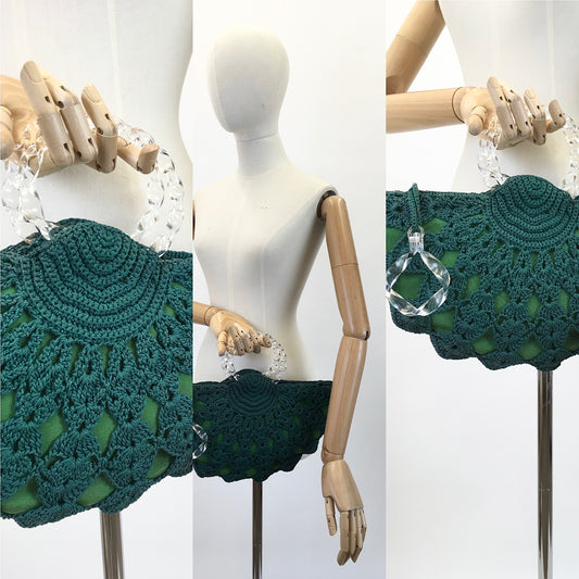 Original 1940's Sensational Crochet and Lucite Fan Handbag - In A Bottle Green