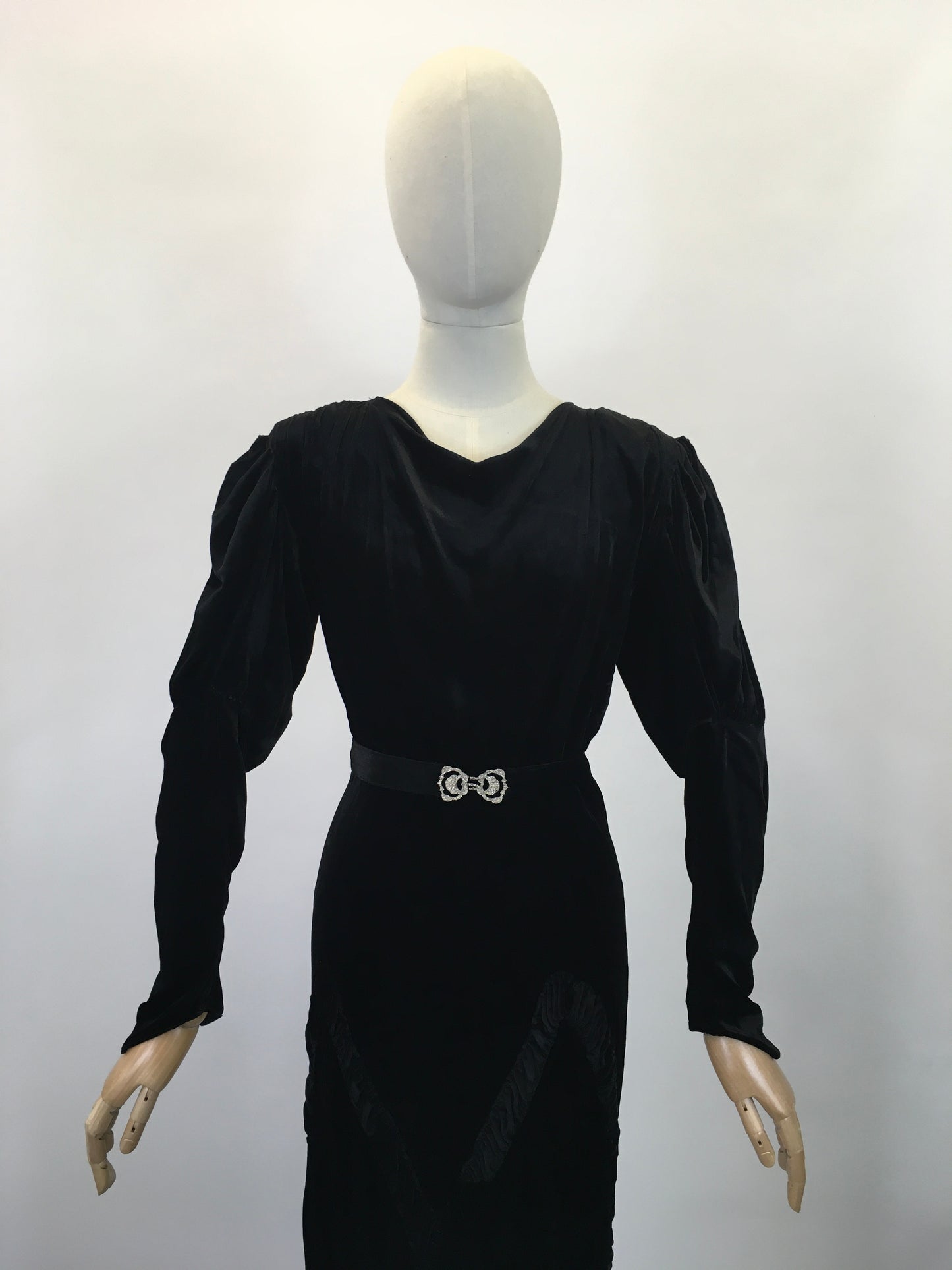 Original 1930's Divine Silk Velvet Evening Gown - With Exquisite Pleated Details and Art Deco Buckle