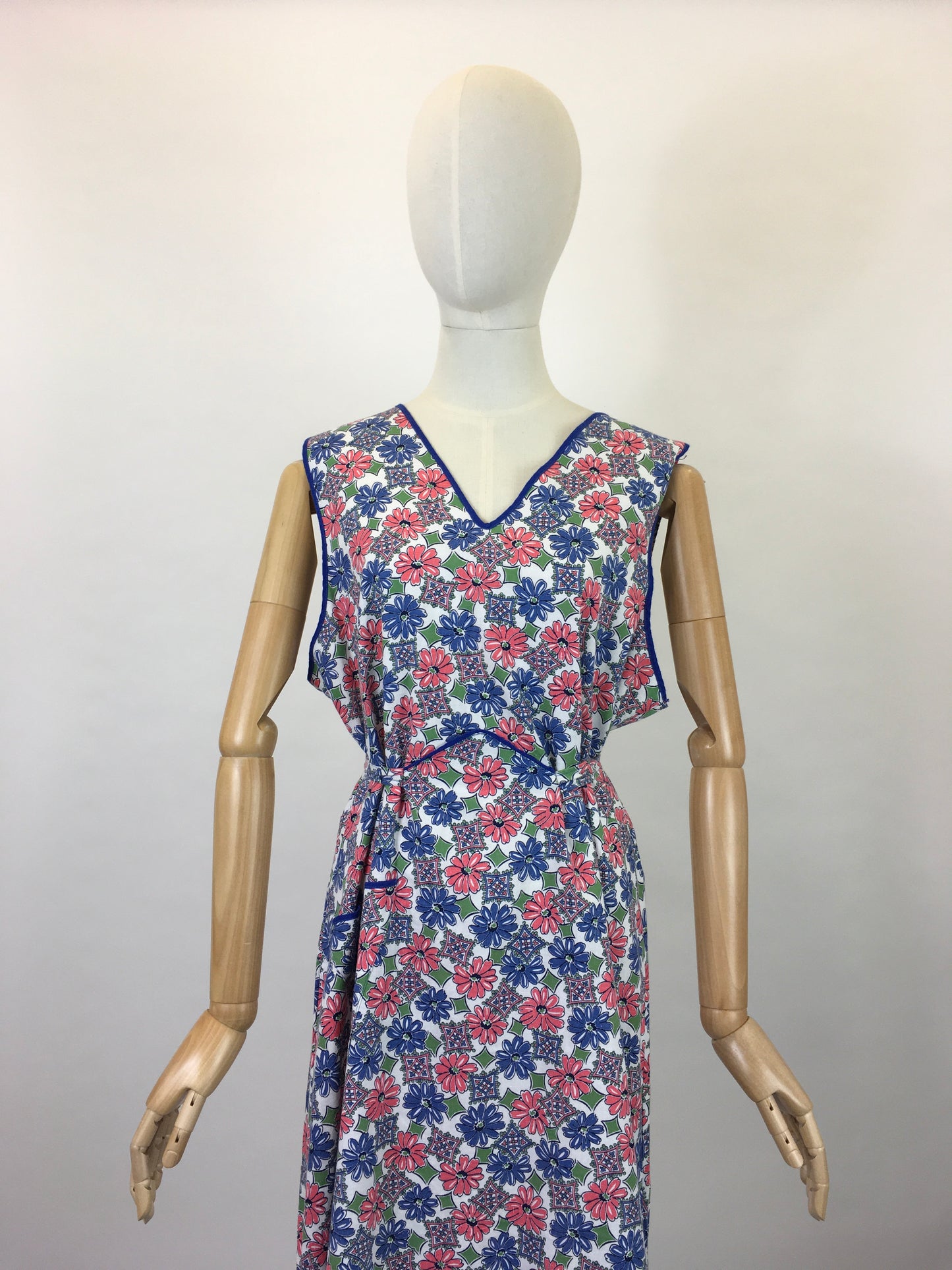 Original 1940’s Beautiful Floral Cotton Full Pinny - In Blues, Soft Pinks and Greens