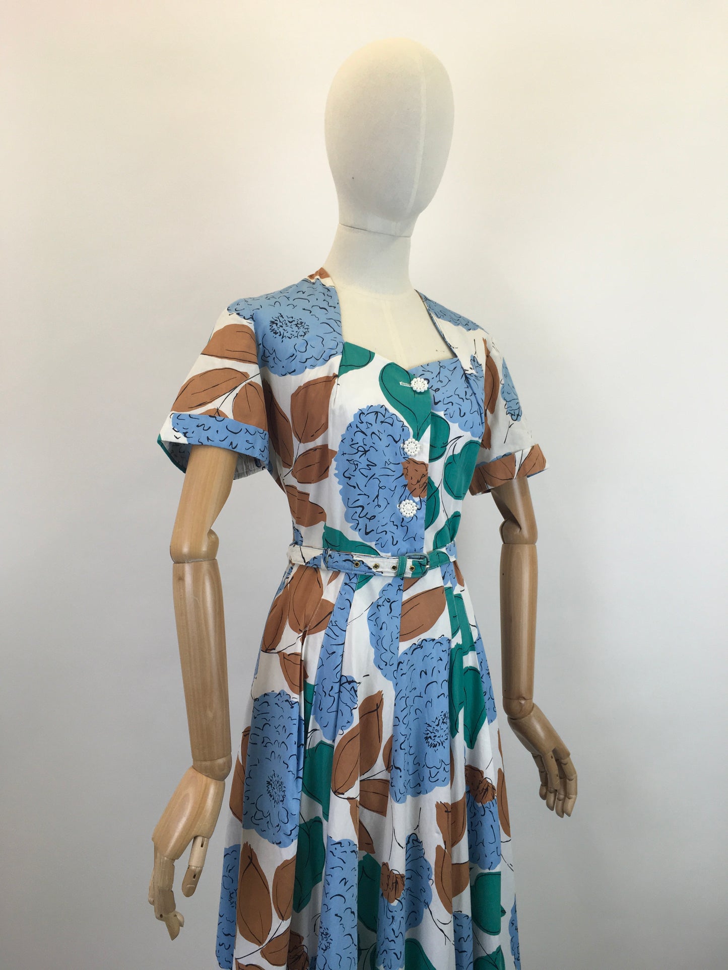 Original Late 1940’s Floral Cotton Day Dress - In Airforce Blue, Caramel Brown, Emerald on Crisp Off White