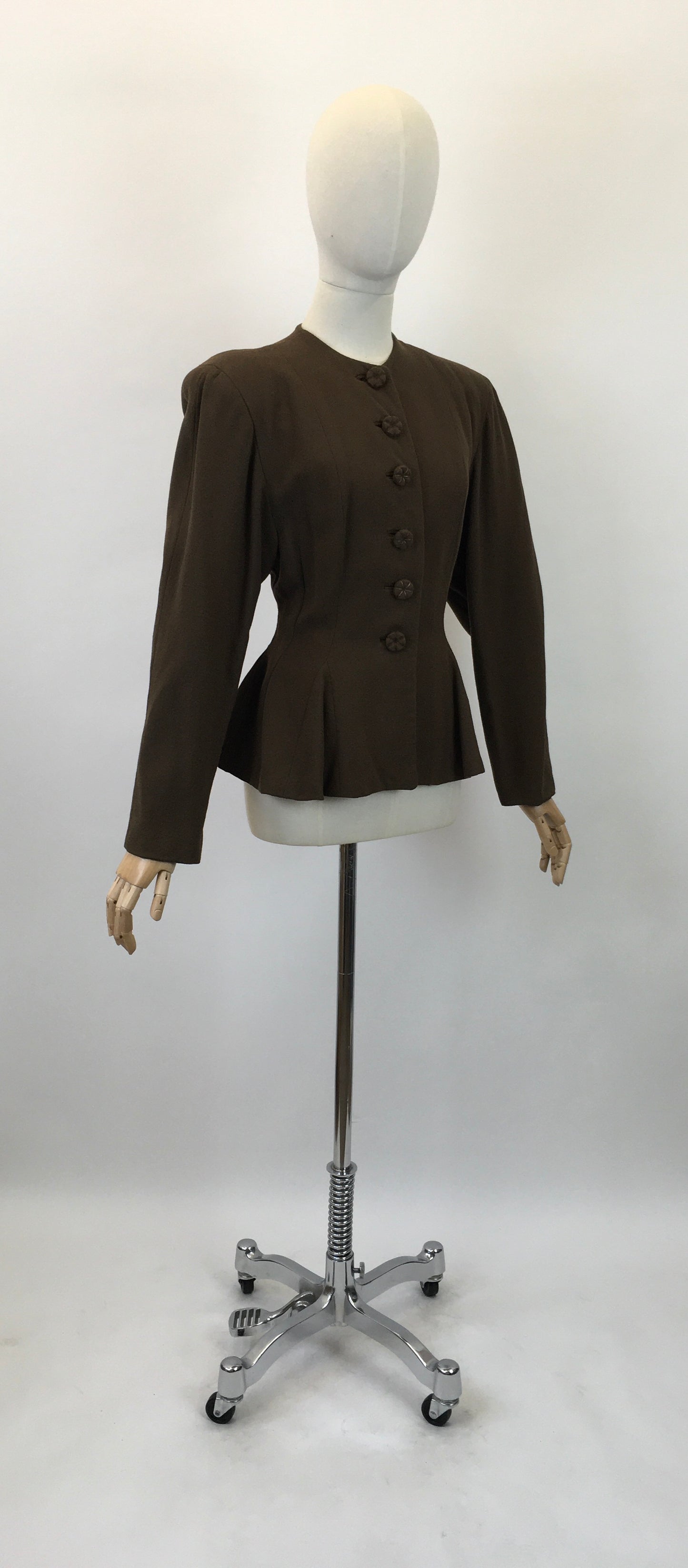 Original 1940's Stunning Crepe Jacket With Peplum - In Chocolate Brown with Flower Petal Buttons