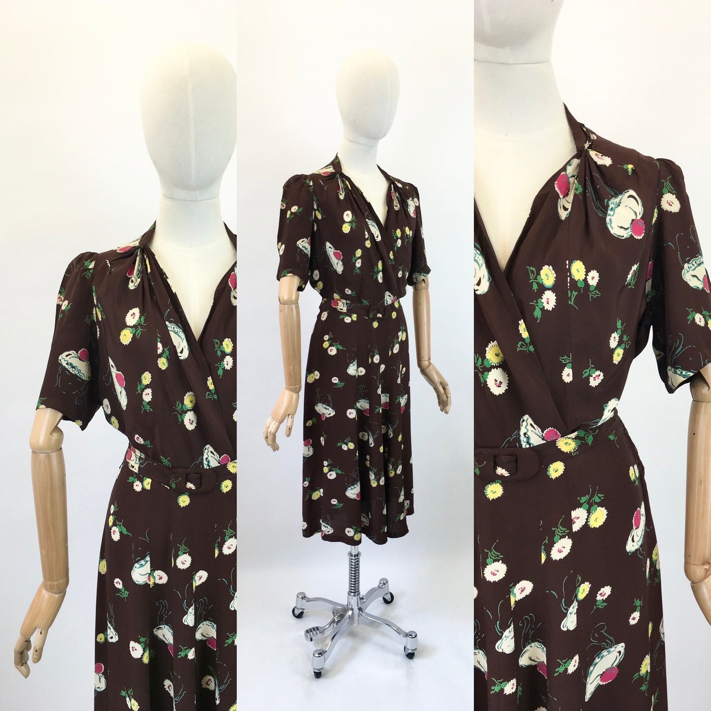 Original 1940's Sensational Novelty Print Rayon Dress - Ladies Faces & Florals In A Delicate Colour Pallet