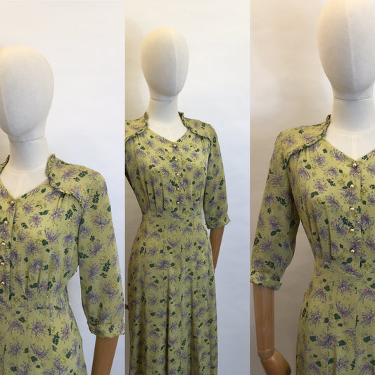 Original 1940’s Floral Day Dress - In a Beautiful Floral Crepe With a Warm Summer Colour Pallet