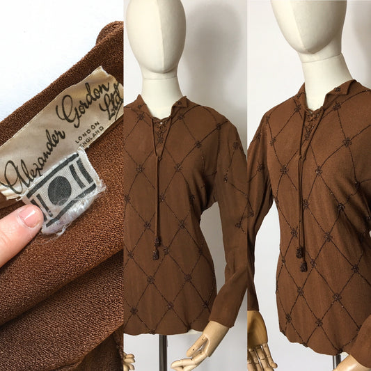 Original 1940’s Double Eleven Plate Label Tunic - Featuring Stunning Bronze Beaded Bodice Detailing on an Autumnal Brown Crepe