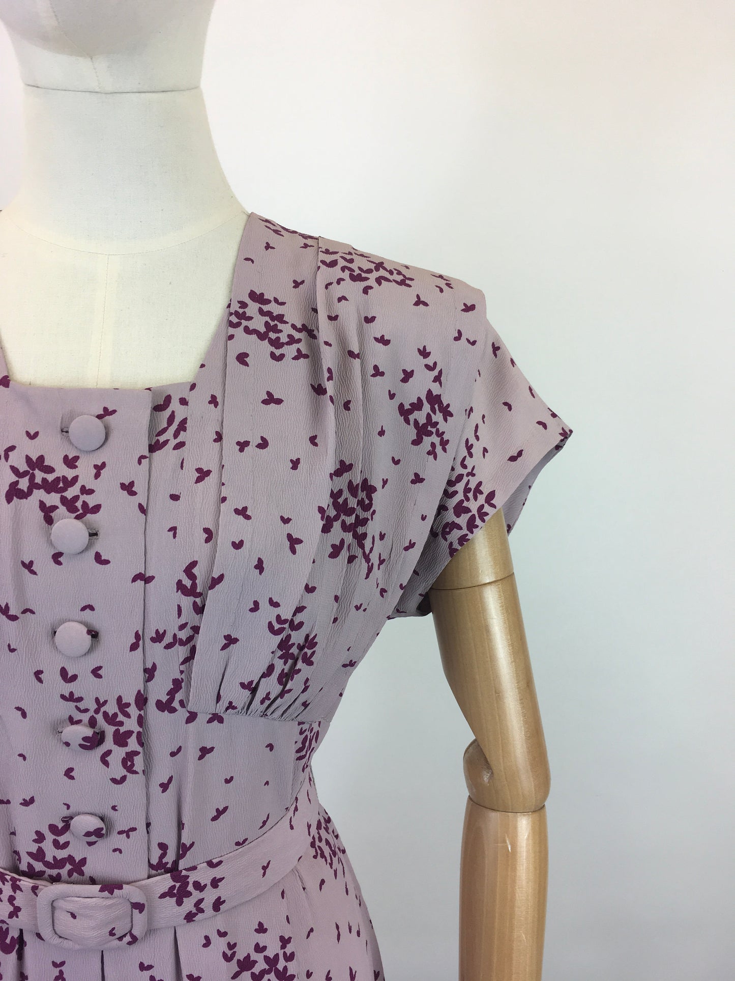 Original 1940's Darling Crepe Dress - In A Delicate Lilac with Berry Coloured Print