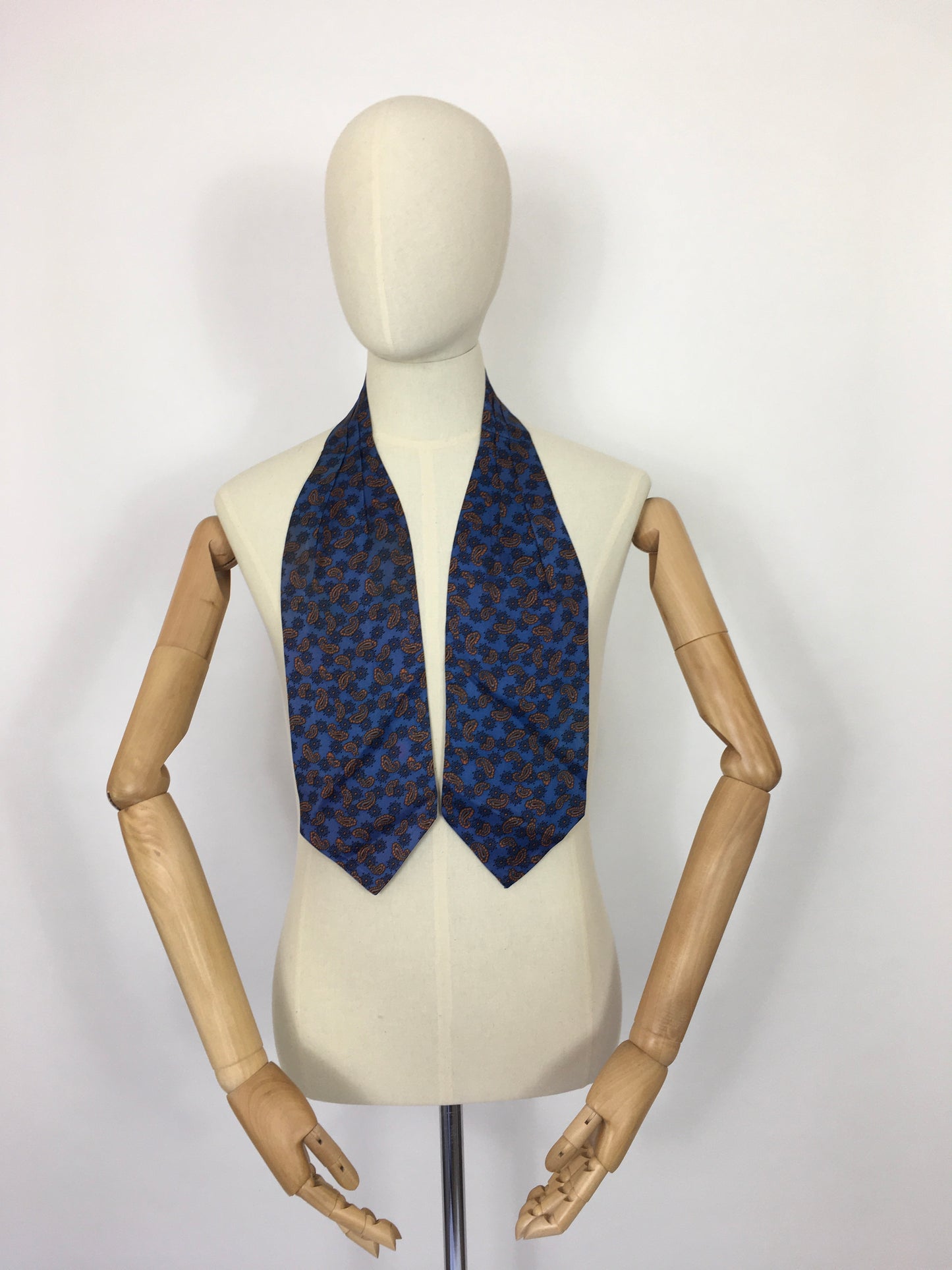Original late 1950s Mens Silk Cravat - In a Very Fun Blue and Orange Paisley Print